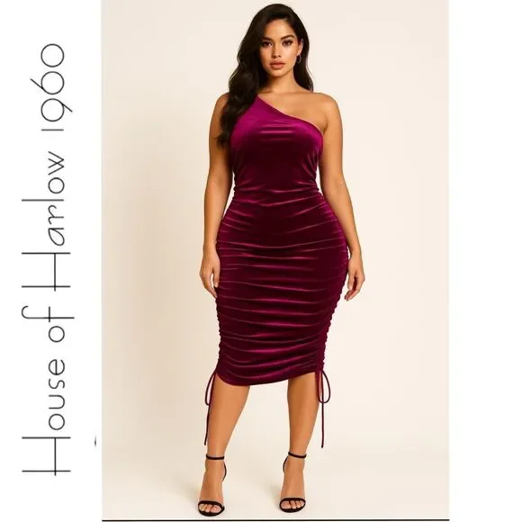 House Of Harlow 1960 Revolve Ruched Velvet One Shoulder Midi Mini Dress Size L - Picture 2 of 16